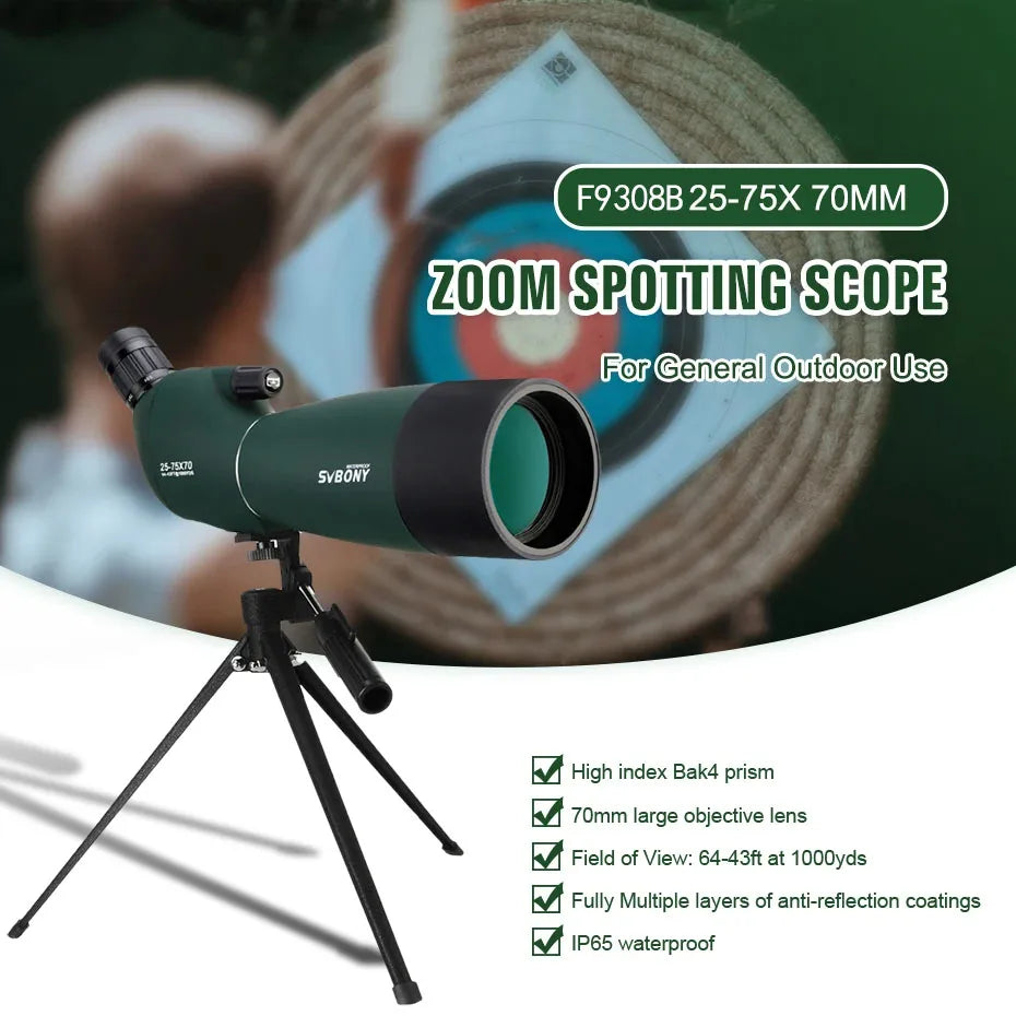 F9308B Powerful Waterproof Spotting Scope with Bak4 FMC Optics and Tripod for Camping