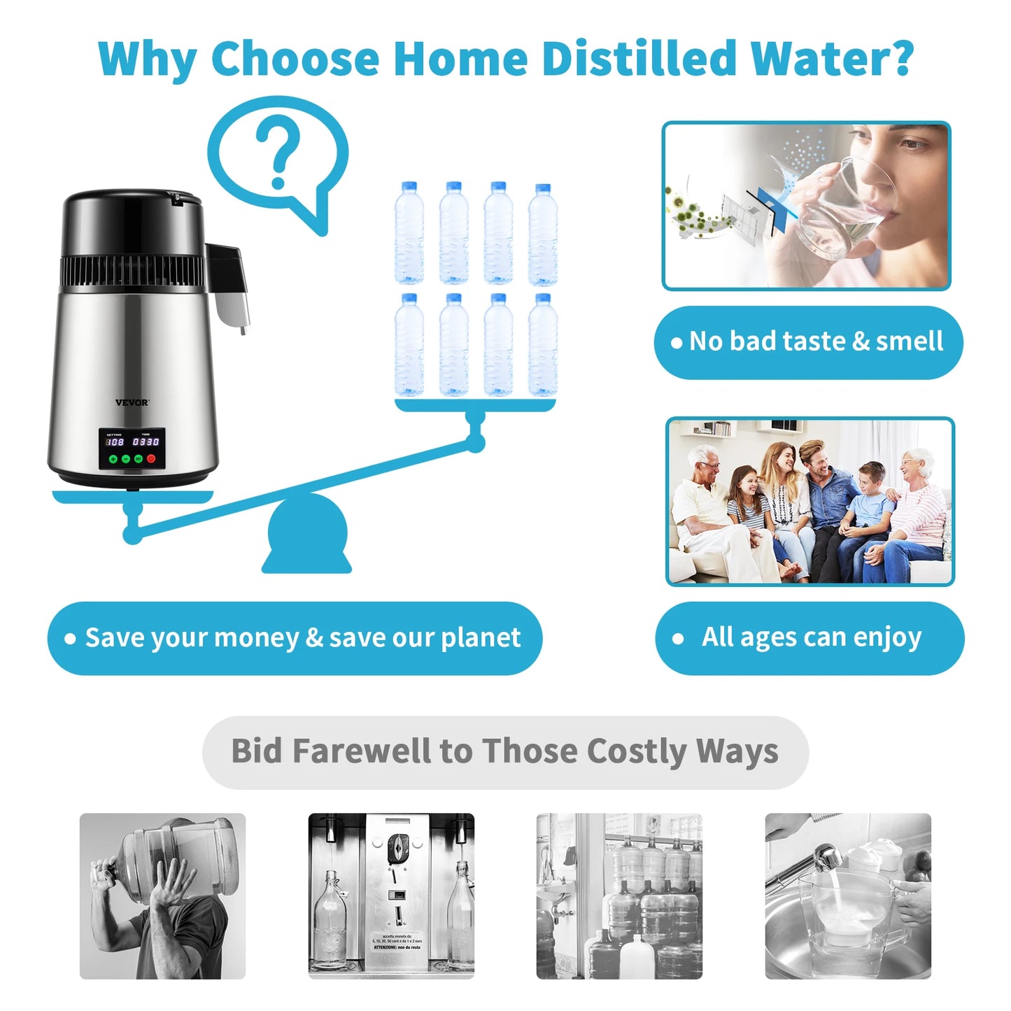 4L Water Distiller with Touch Screen - 1 L/H Purifying Speed, Drinking Water Filter and Dispenser for Home Use.