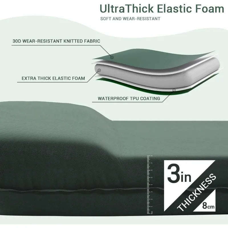 Ultra-Thick Camping Sleeping Pad - 3.1 Inch Self-Inflating Foam Mat with Pillow, Insulated and Durable