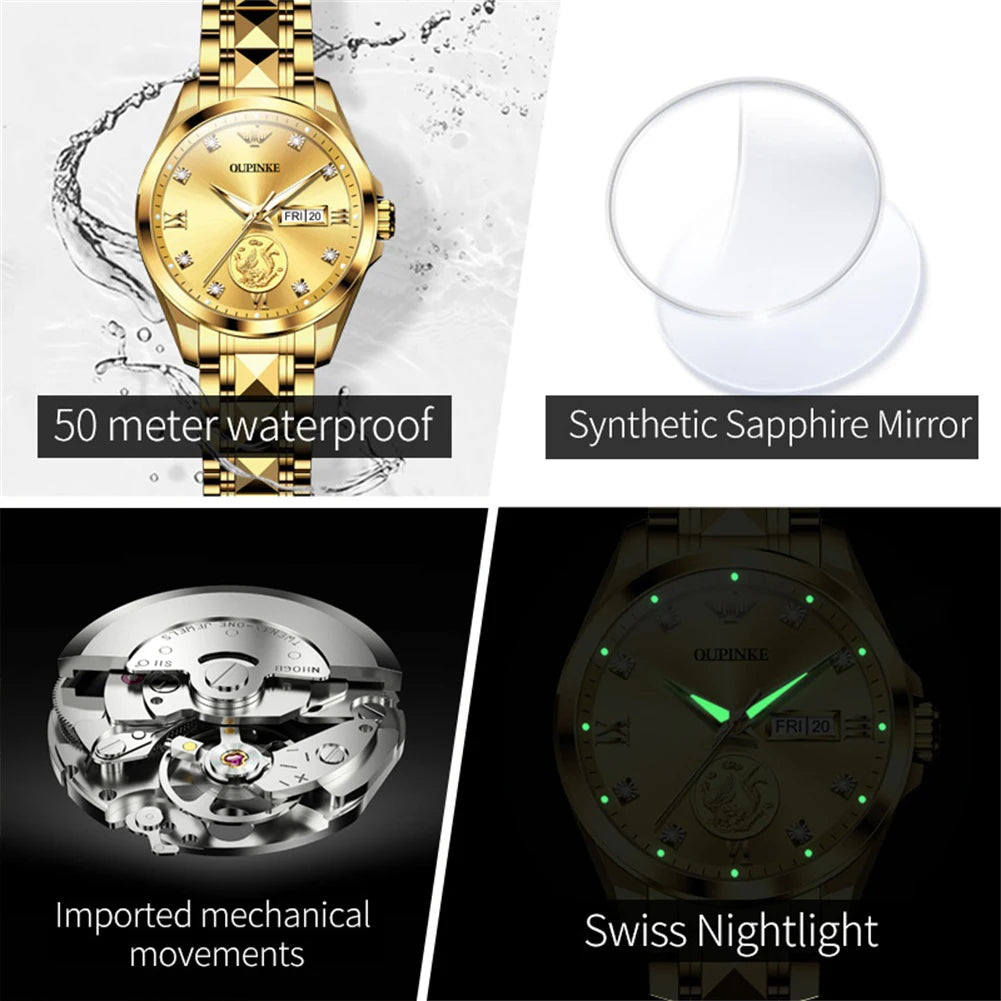 Luxury Women's Automatic Watch: Real Gold, Phoenix Inlaid, Swiss Luminous Waterproof Mechanical Wristwatch