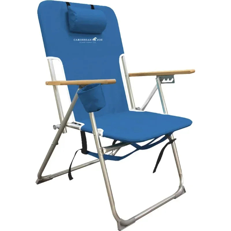 Folding Beach Chair – 4-Position Portable Backpack Camping Chair with Headrest, Cup Holder, and Wooden Armrests