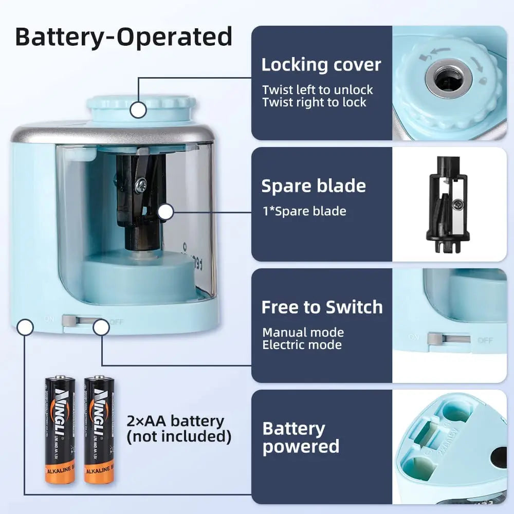 Tenwin Electric Auto Pencil Sharpener – Safe Helical Blade Sharpener for Kids, Students, Artists & Adults