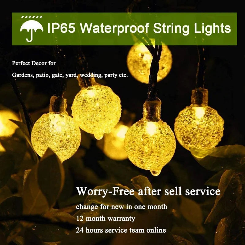 Outdoor Solar Crystal Globe String Lights – 60 LED Waterproof Lights with 8 Modes for Garden, Patio, or Party Decor