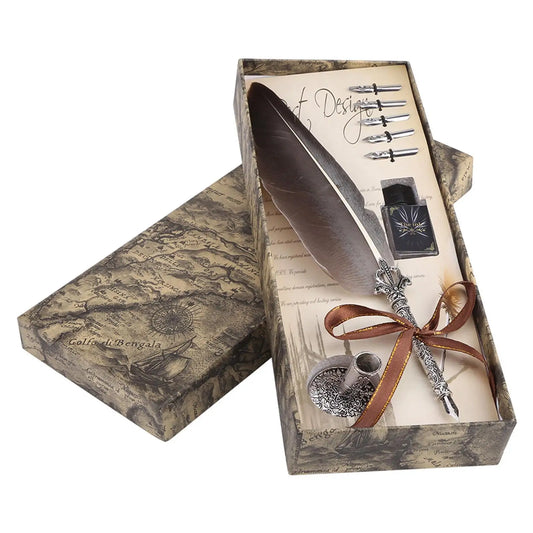 Vintage Feather Pen Set with Ink Bottle & 5 Nibs - Elegant Calligraphy Kit in a Luxurious Gift Box for Writers & Artists