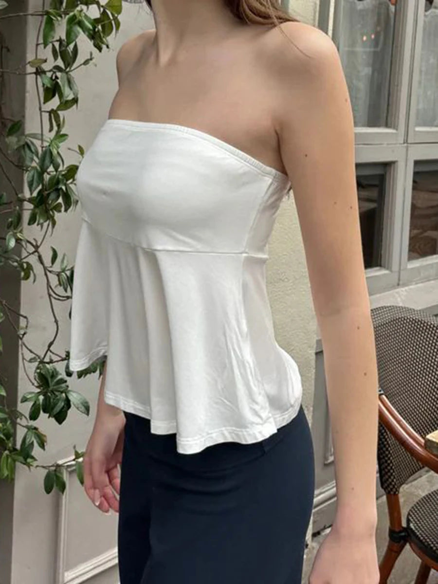 Women's Strapless Folded Tank Top: Soft Cotton, Simple White Crop Top for Casual Summer Streetwear