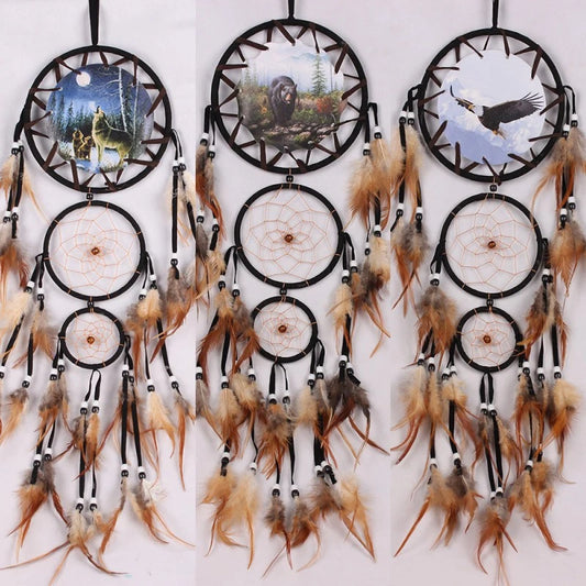 Wolf Head Oil Painting Dream Catcher – Boho Wall Decoration with Natural Feather Pendant | Festival-Inspired Hanging