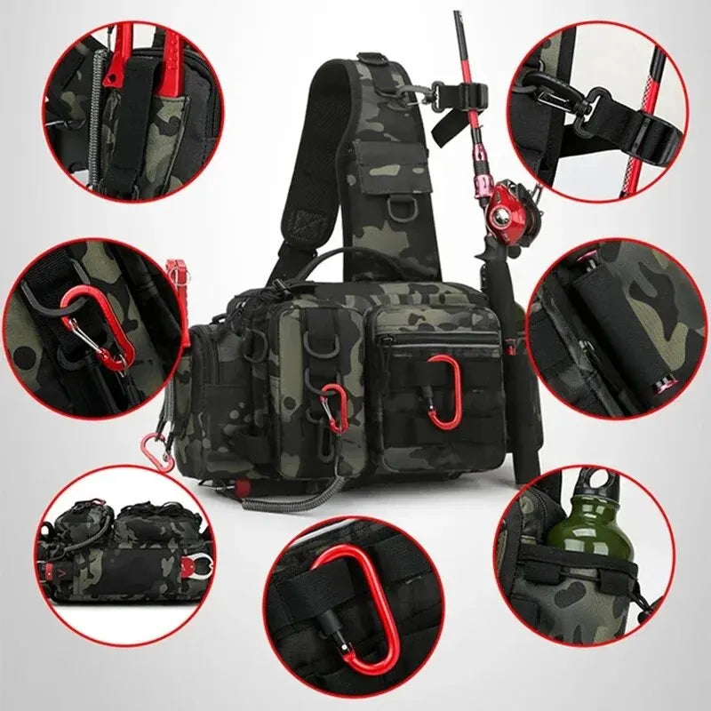 Fishing Tackle Backpack with Rod Holder – Multi-Functional Gear Bag with Lure Boxes & Sling Strap for Men