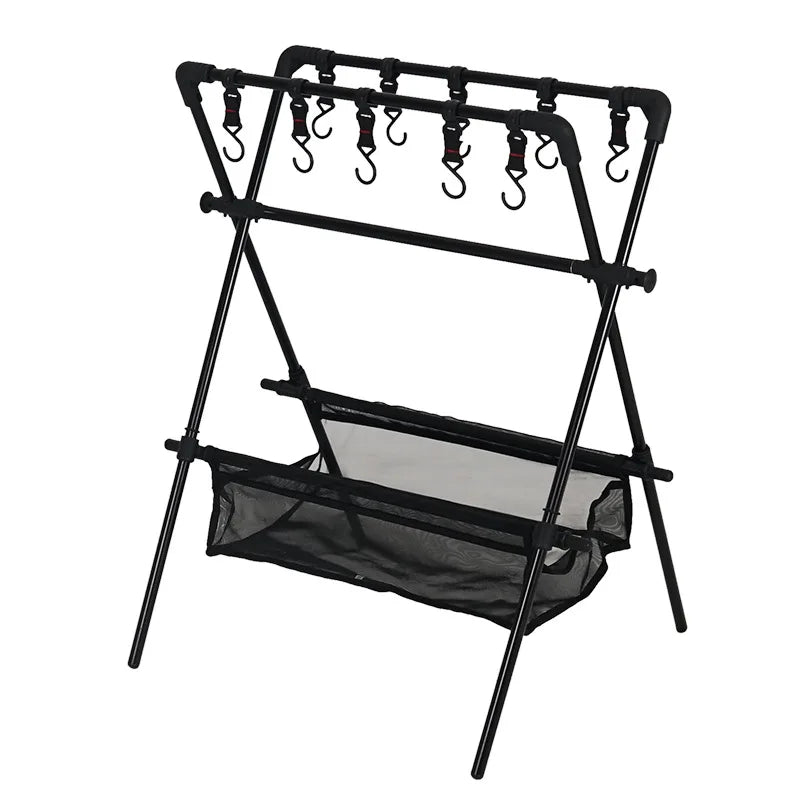 Aluminum Alloy Folding Camping Triangle Shelf - Double-Layer Hanging Rack with Hook and Net Bag for Outdoor Glamping and Picnics