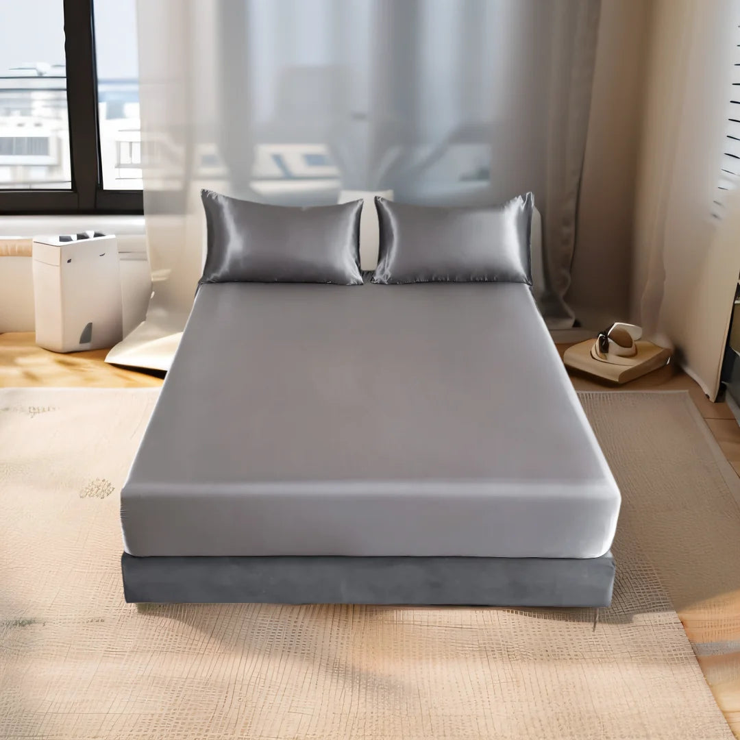3-Piece Satin Fitted Sheet Set – Luxury Solid Color Bed Cover with Pillowcases & 4-Corner Elastic Fit