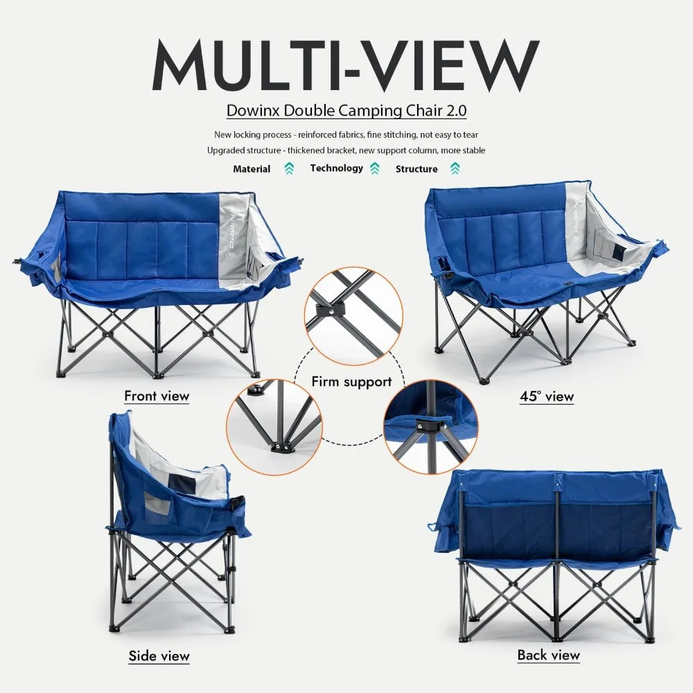 Double Camping Chair Loveseat, Portable Folding Outdoor Lawn Chair with Padded Seats, Armrests, Side Pockets, 440lbs Capacity