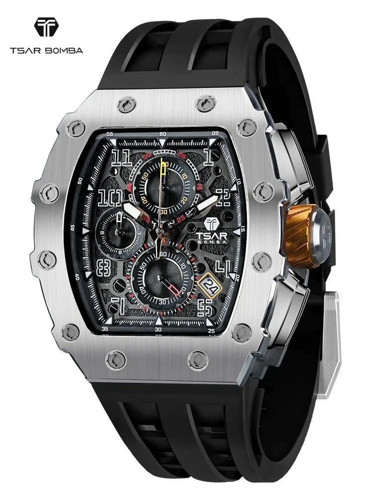 TSAR BOMBA Men’s Luxury Watch – Tonneau Design Waterproof Stainless Steel Wristwatch