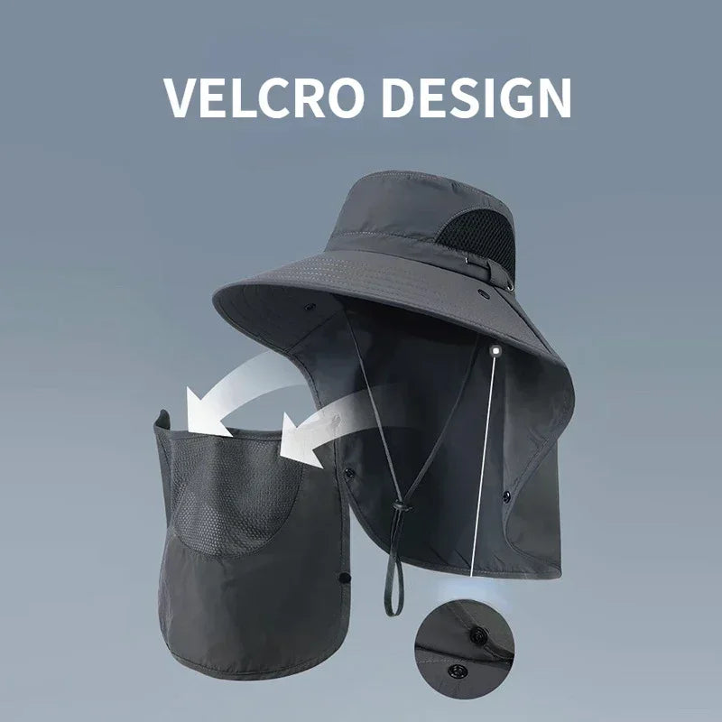 UPF 50+ Wide-Brim Outdoor Fishing Hat with Removable Neck & Face Flap – Breathable Mesh Sun Protection