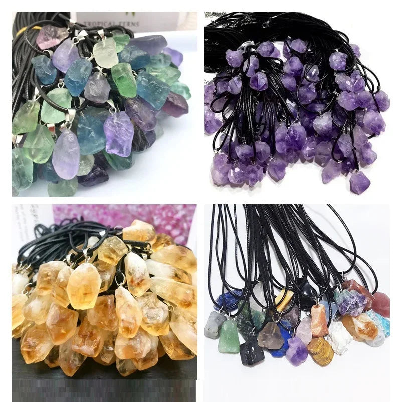 10pcs Natural Irregular Raw Ore Fluorite Crystal Pendant Necklace Energy Stone Healing Amethysts Meditation Yoga Gift Wholesale