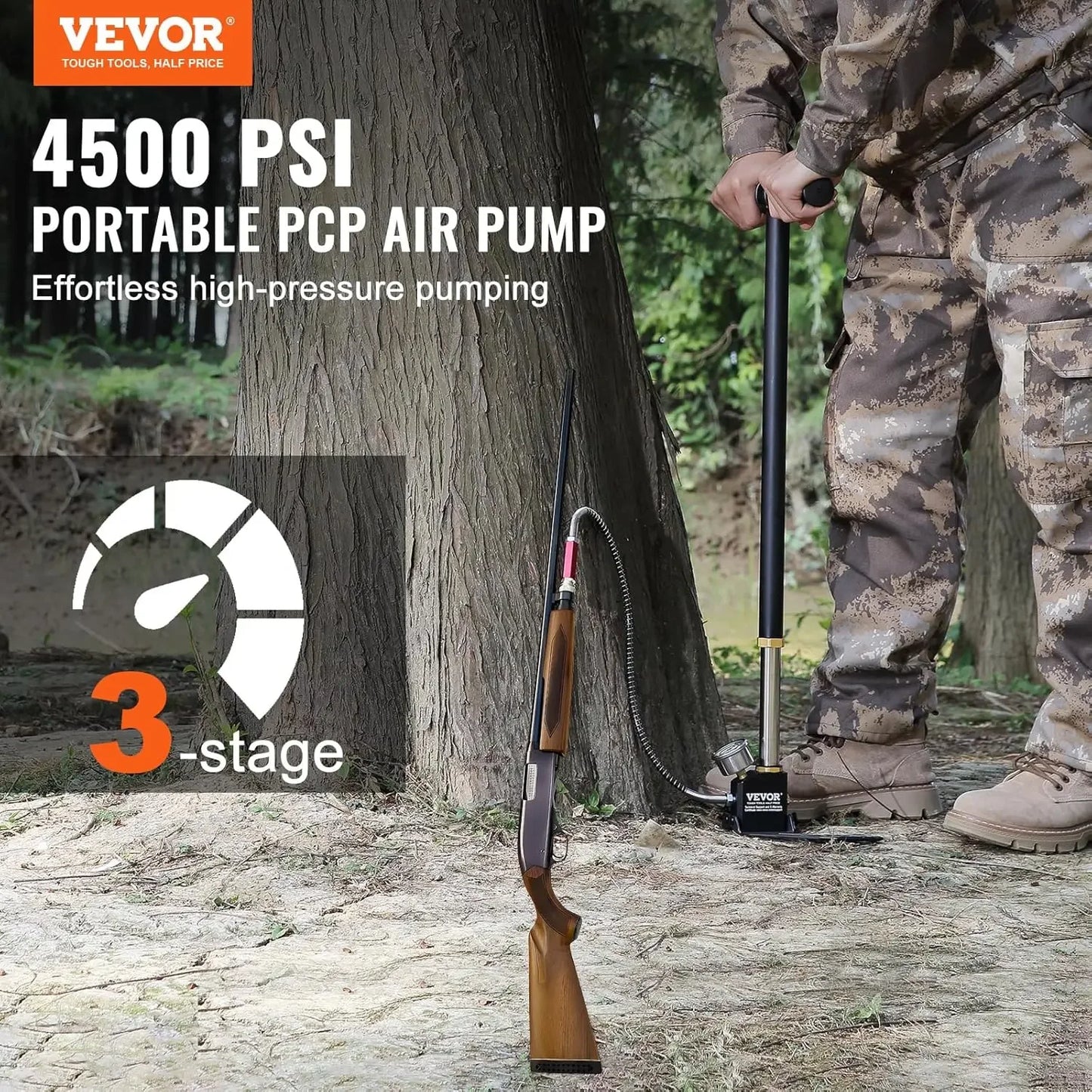 4500 PSI High-Pressure Hand Pump – 3-Stage PCP Airgun Stirrup Pump for Air Rifles (30MPa), Black