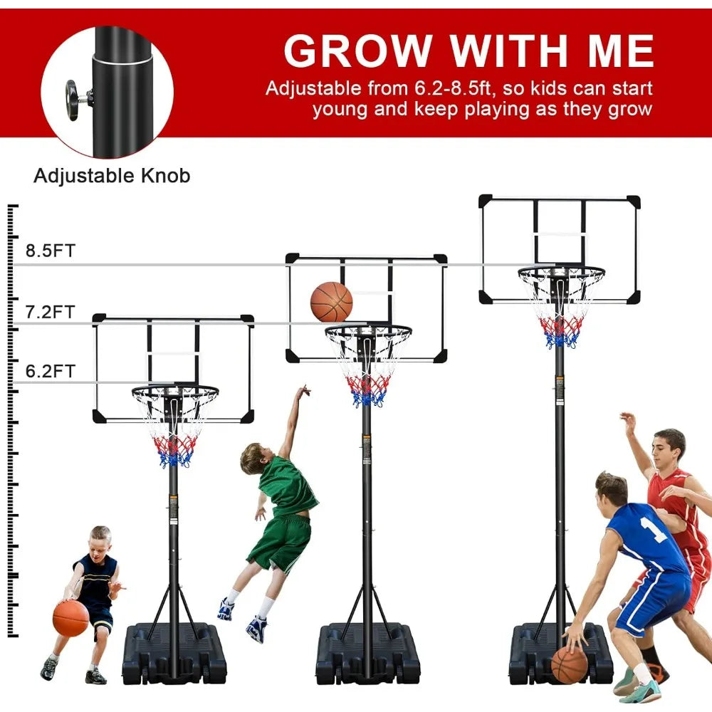 Adjustable Portable Basketball Hoop: Height 6.2-8.5ft, Transparent Backboard & Wheels – Perfect for Any Court!