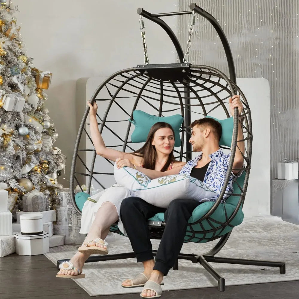Double Swing Egg Chair with Stand – 2-Person Rattan Loveseat for Outdoor/Indoor Patio or Bedroom (Gray & Turquoise)