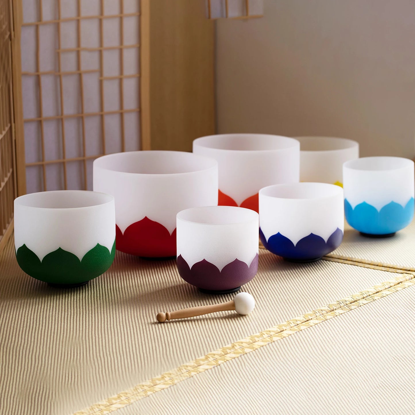 Chakra Frosted Quartz Crystal Singing Bowl Set – 7 Colorful Rainbow Bowls (6-12 Inch) – Free Shipping!