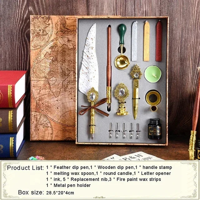 Antique Feather Dip Pen Kit Retro Wooden Dip Pen Set Classic Wax Seal Stamp Kit for Calligraphy Art Words Gifts