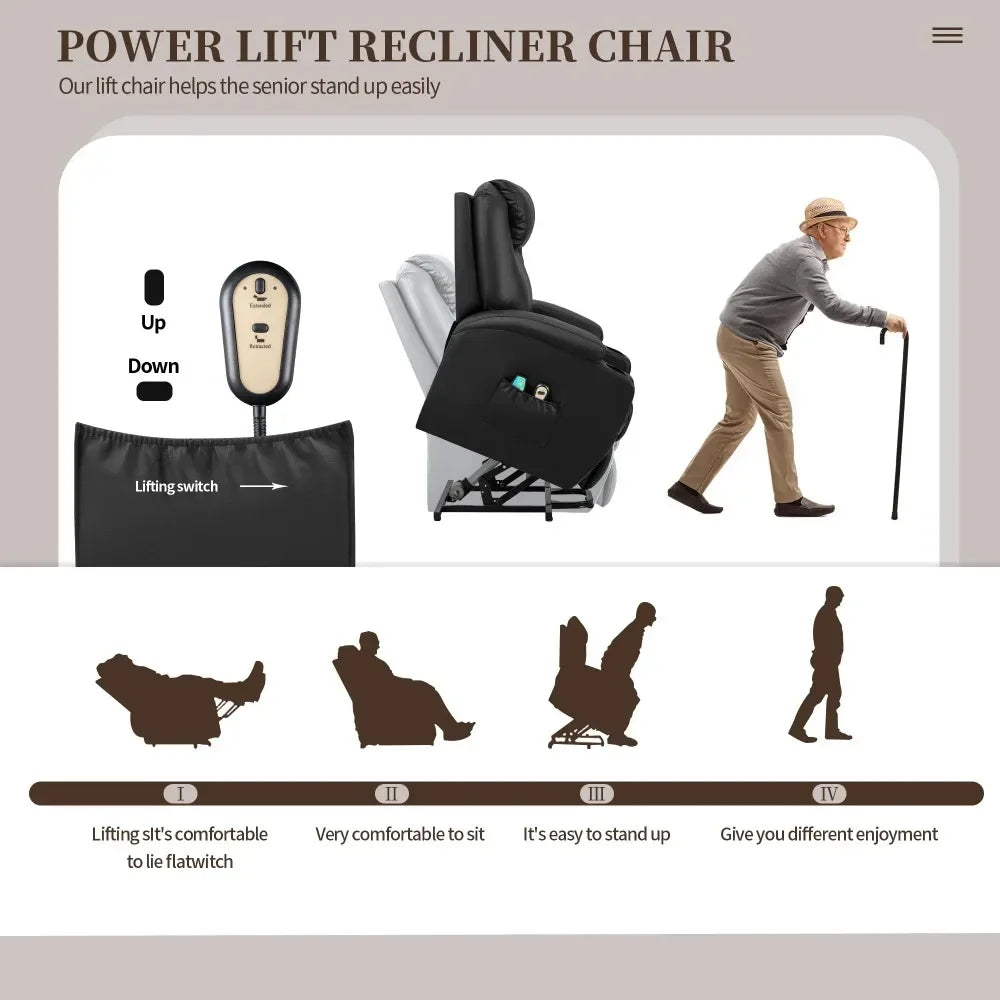 2023 Modern Power Lift Recliner: Heat, Massage, and PU Leather Comfort for Elderly