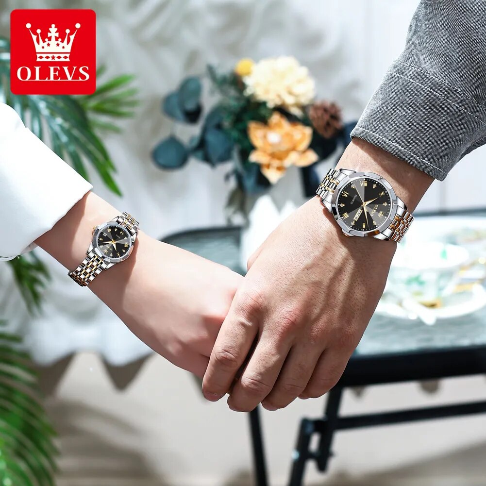 OLEVS Rhombus Mirror Couple Watches: Luxury Quartz, Waterproof, Luminous, Date & Week for Him and Her