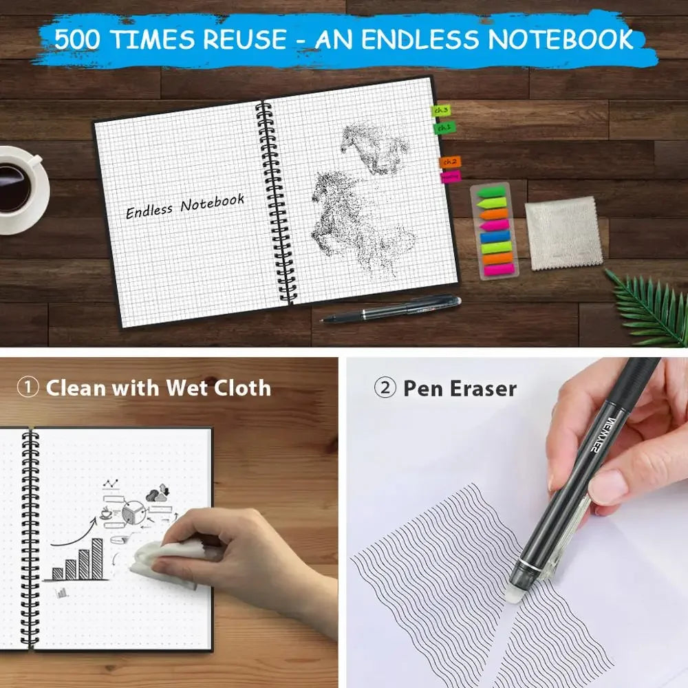 A4 Reusable Erasable Smart Notebook: Includes Pen, Cloth, Microwave Heating, and Waterproof Notepad for Office or School