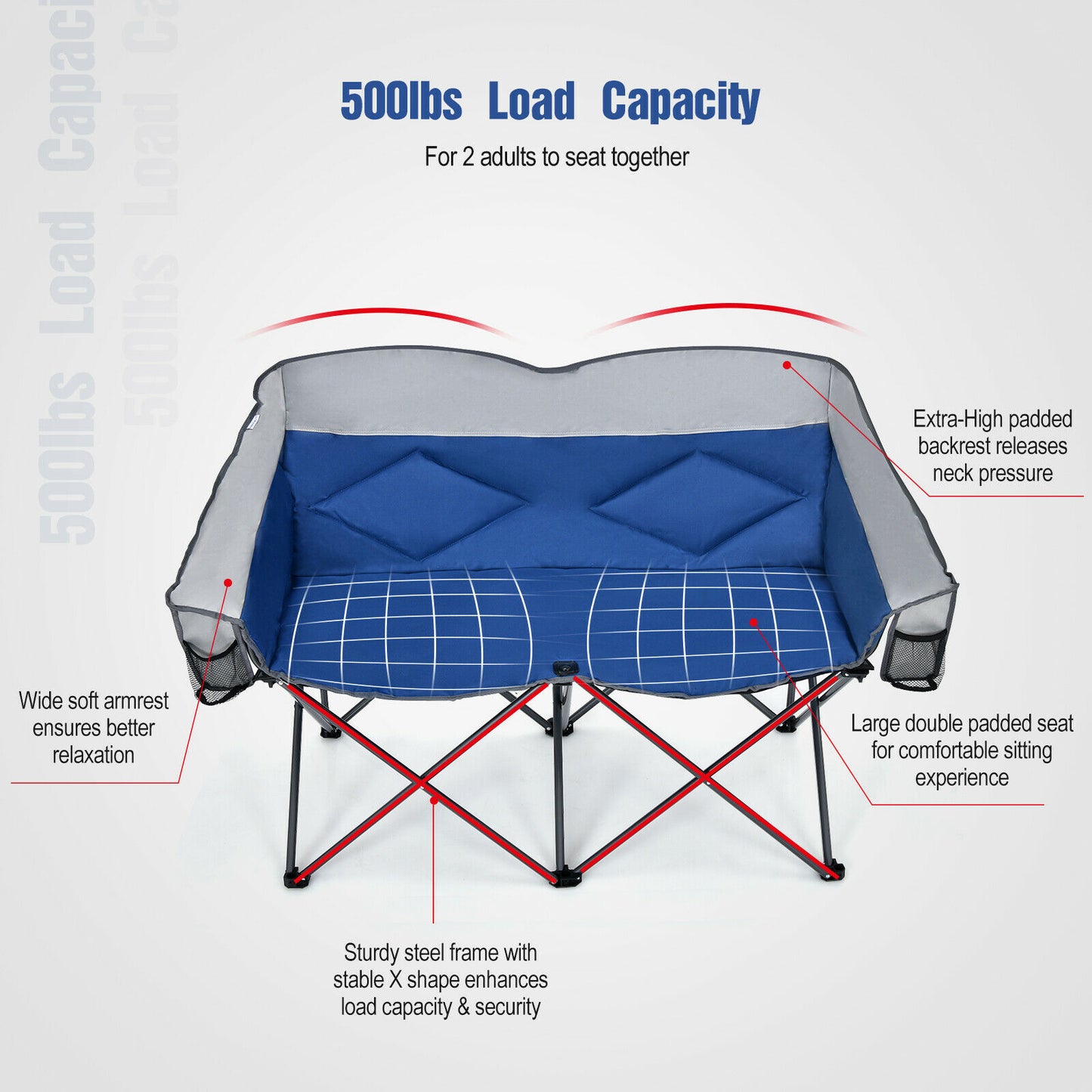 Elevate Your Camping Experience with the Patio Joy Folding Loveseat Double Seat Chair: Includes Bags and Padded Backrest (Model OP70772BL)