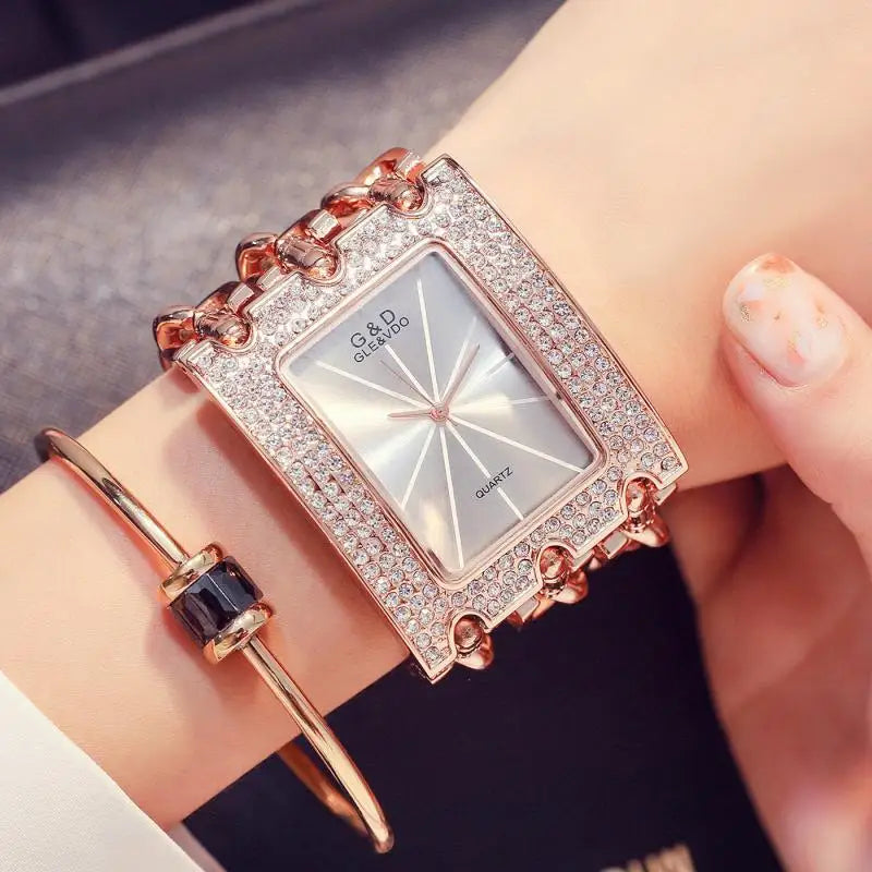 G&D Women's Fashion Bracelet Watch – Golden Quartz Wristwatch with Rhinestone Chains & Large Dial