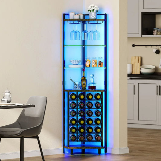 4-Tier Corner Wine Rack – Industrial Bar Cabinet with Glass Holder & Storage Shelves