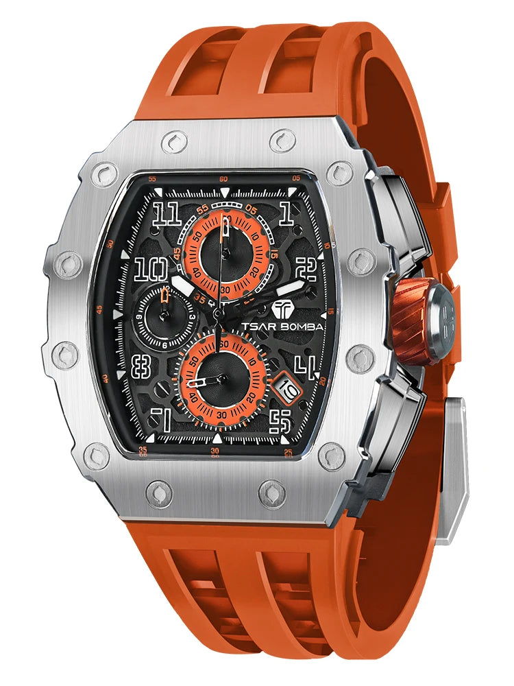 TSAR BOMBA Men’s Luxury Watch – Tonneau Design Waterproof Stainless Steel Wristwatch