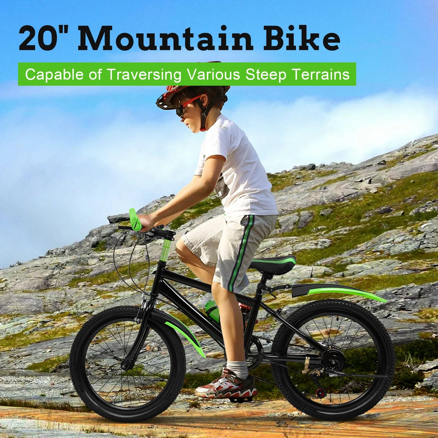20-Inch 7-Speed Kids’ Mountain Bike – Adjustable Seat, Mudguards & Kettle Holder for Ages 8–13