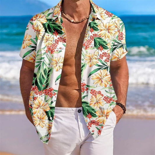 Men’s Floral Short Sleeve Button-Up Shirt – Casual Summer Top with Chest Pocket for Beach & Vacation Wear