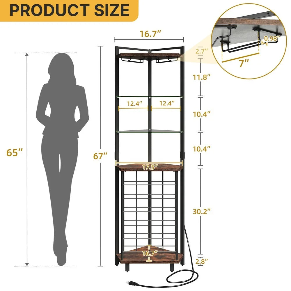 4-Tier Corner Wine Rack – Industrial Bar Cabinet with Glass Holder & Storage Shelves