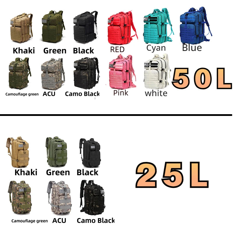 Outdoor-Ready Gear: 25L/50L Tactical Backpack for Camping, Hiking, & Sports