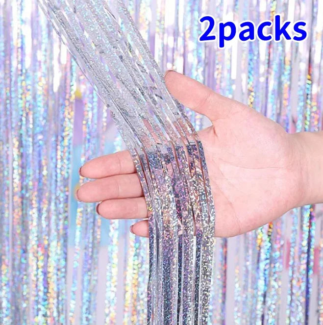 2-Pack Metallic Tinsel Fringe Curtains – 2x1M Glitter Party Backdrops for Birthday, Wedding, Bachelorette & Event Decor