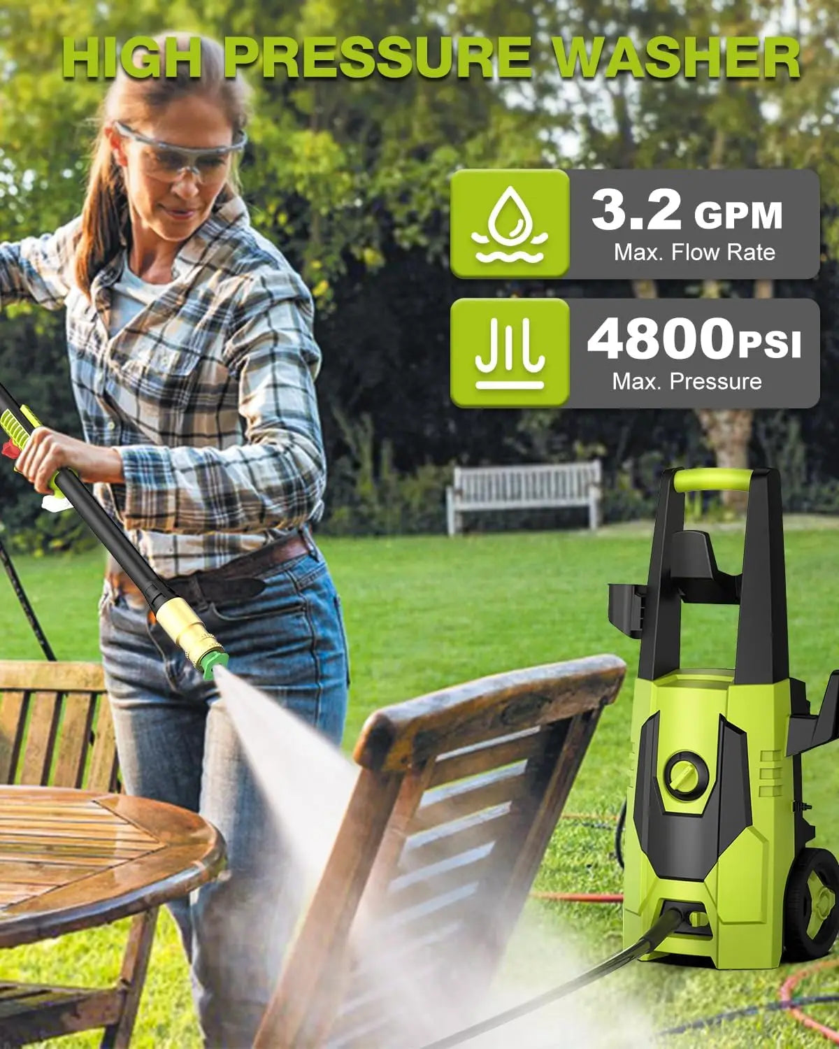 Electric Pressure Washer – 4800 PSI Max, 3.2 GPM Power Washer with 35FT Power Cord, 20FT Hose, and Built-in Soap Tank