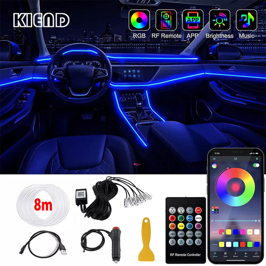 Enhance Your Car Interior: RGB LED Fiber Optic Ambient Strip Lights with Remote Control App for Customized Atmosphere and Decoration