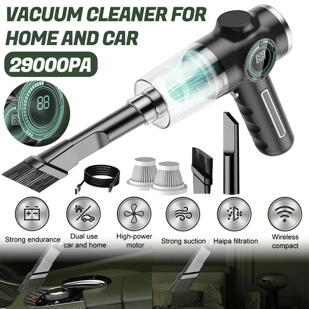 Powerful Clean Anywhere: 29000Pa Mini Wireless Vacuum – 120W Handheld Car Cleaner with LCD Display & 3 Filters