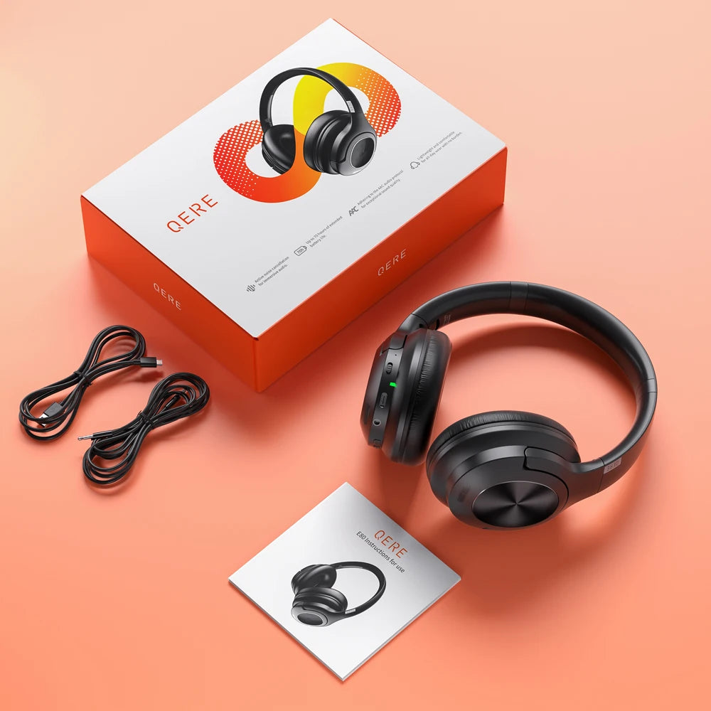 Immerse in Sound: QERE E80 Wireless Bluetooth Headset with ANC Noise Cancellation, Hi-Res Audio, Over-Ear Design, 70H Battery, and 40mm Driver