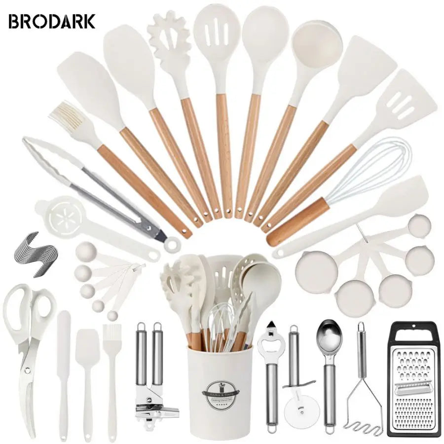 44-Piece Premium Silicone Kitchen Utensil Set – Heat-Resistant Cooking Tools with Wooden Handles & Knife