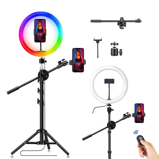 Professional RGB LED Ring Light with Tripod Stand and Boom Arm for Studio Photography, Video, and Selfies