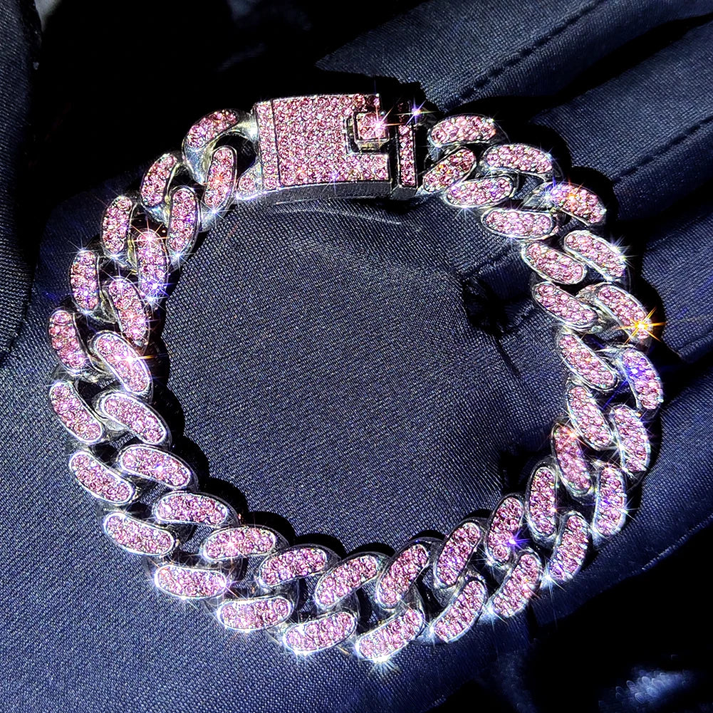 4-Piece Iced Out Pink Cuban Bracelet Set – Gold & Silver-Tone Crystal Heart, Circle & Square Hip Hop Jewelry for Women
