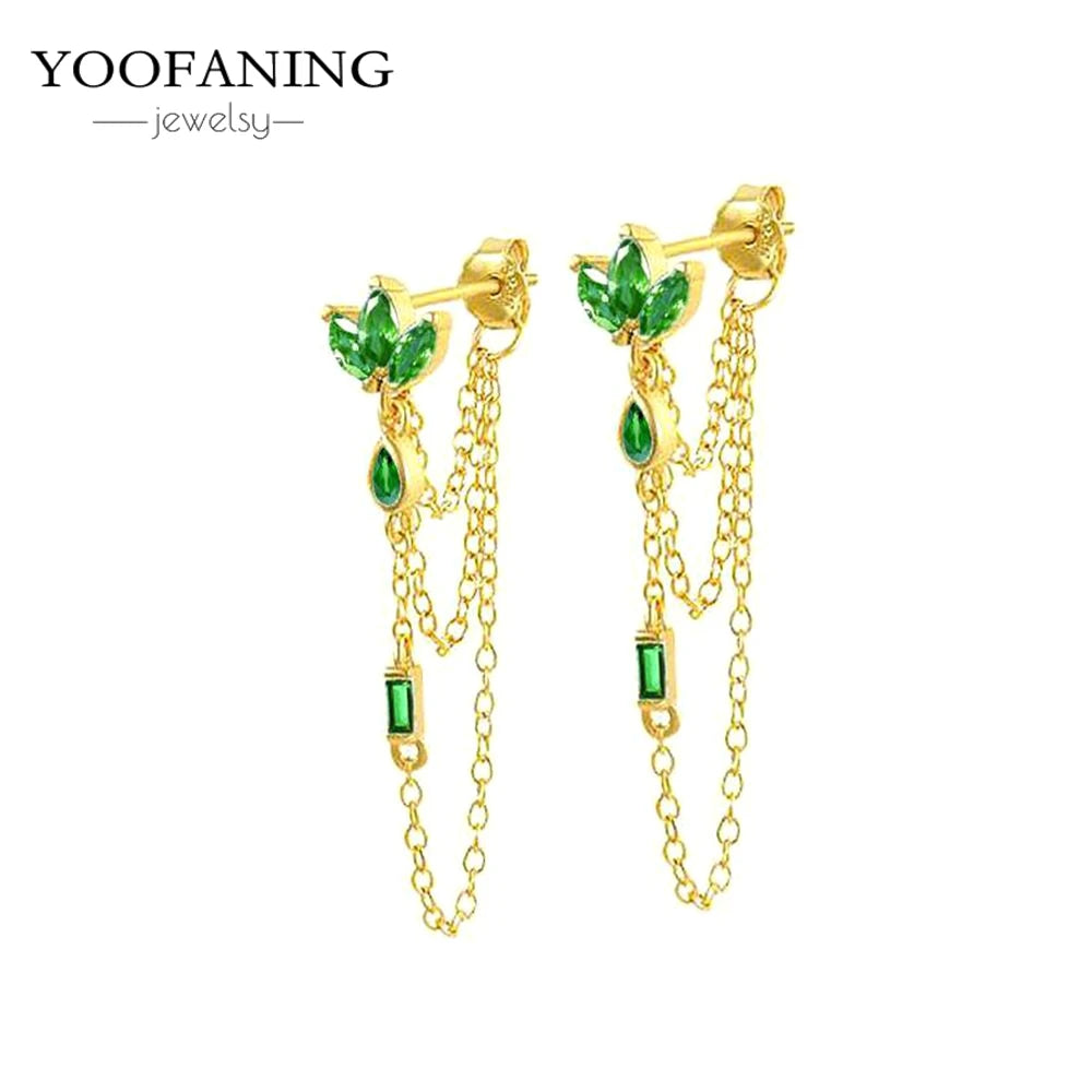 925 Sterling Silver Women's Earrings – Heart-Shaped Green Zircon Flower with Geometric Luxury Design