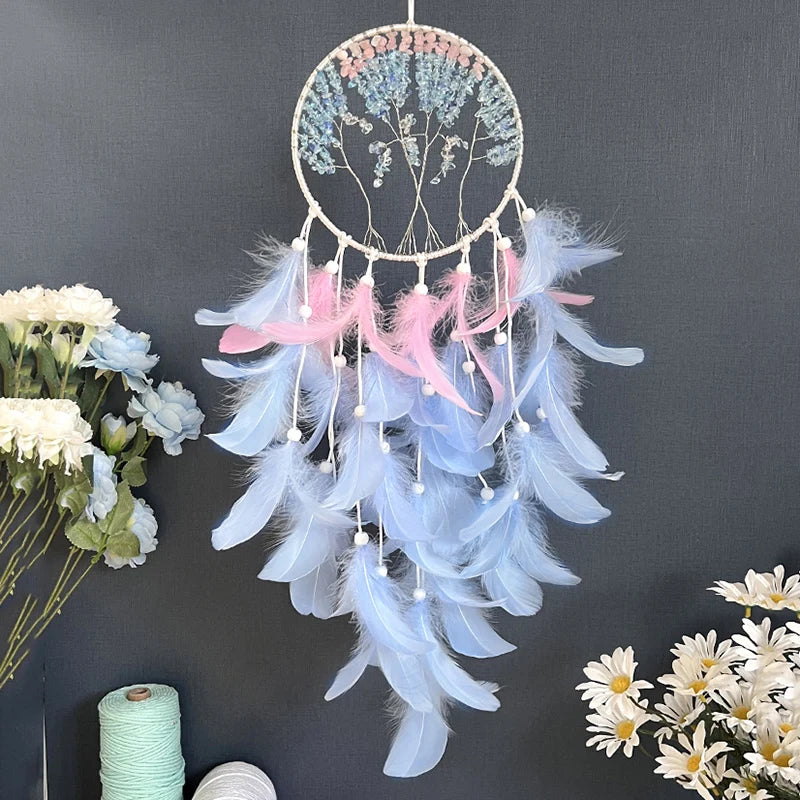 Tree of Life Crystal Dream Catcher – Blue Feathers, Wind Chime Bedroom Hanging Ornament, Perfect for Home Decor and Festival or Birthday Gifts