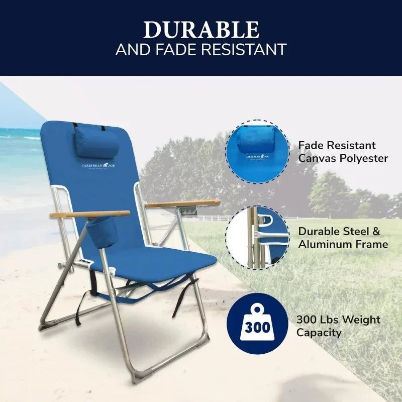 Folding Beach Chair – 4-Position Portable Backpack Camping Chair with Headrest, Cup Holder, and Wooden Armrests