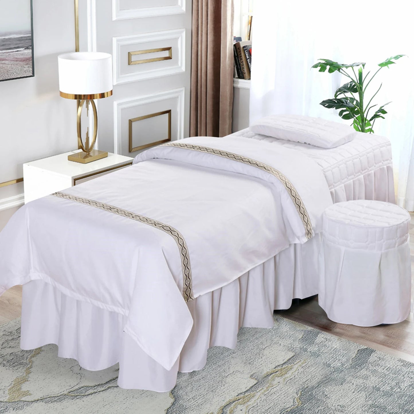 Pure White Massage Table Set – Includes Bed Skirt, Pillow Case, Stool Cover, and Quilt Cover for a Professional Spa Look!