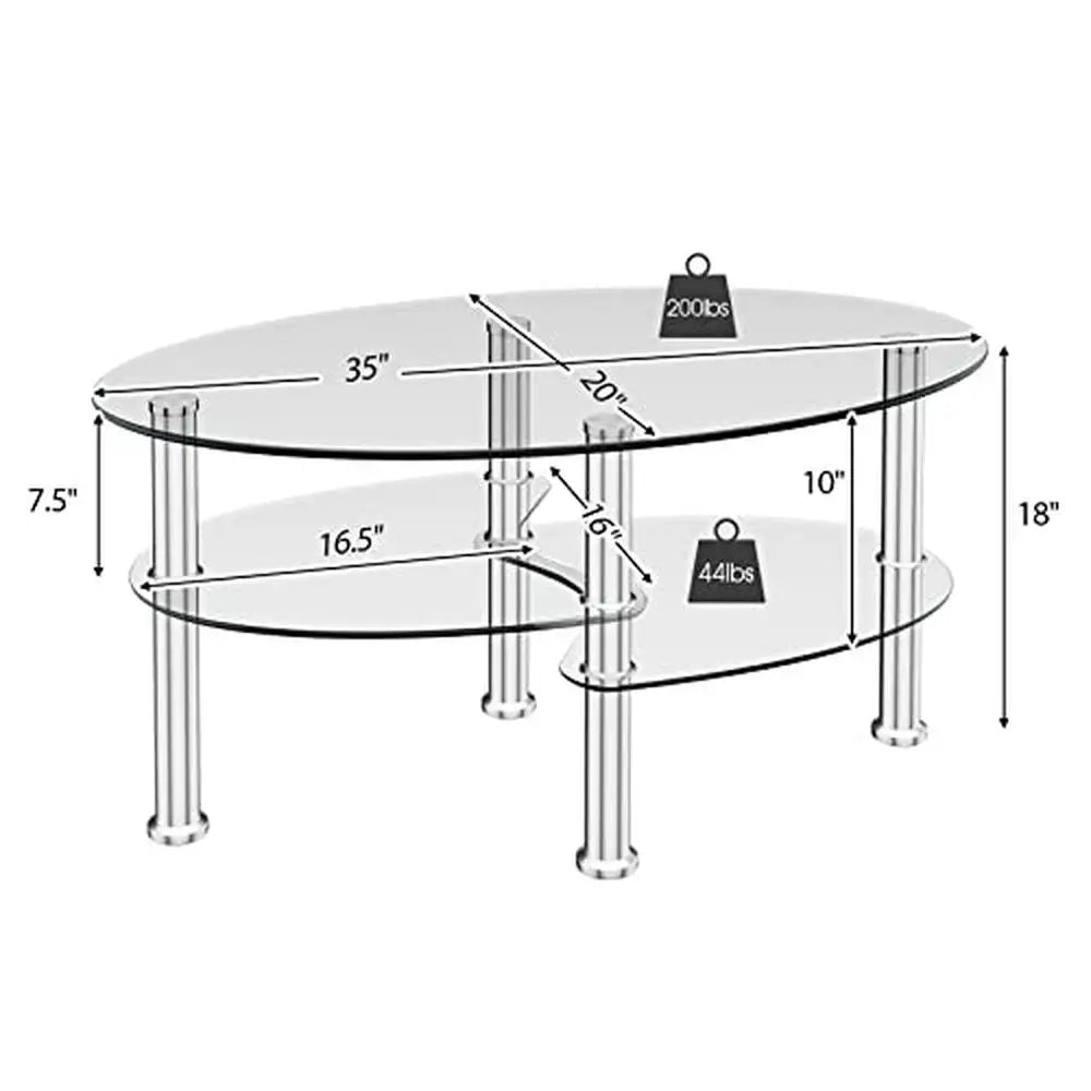 Tempered Glass Oval Coffee Table – 3-Tier Steel Frame with Open Storage Shelf, Modern Side Table for Home Décor