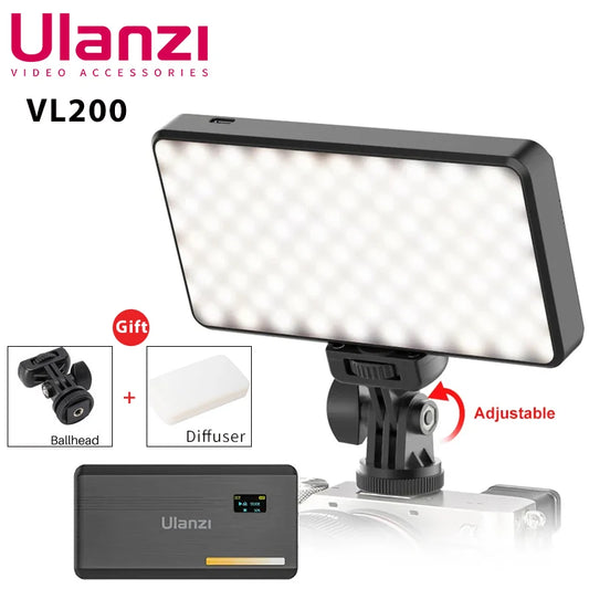 VL200 LED Camera Light: 2500K-9000K Adjustable, Dimmable with Tripod & 360° Ball Head, Includes Phone Holder & Soft Diffuser