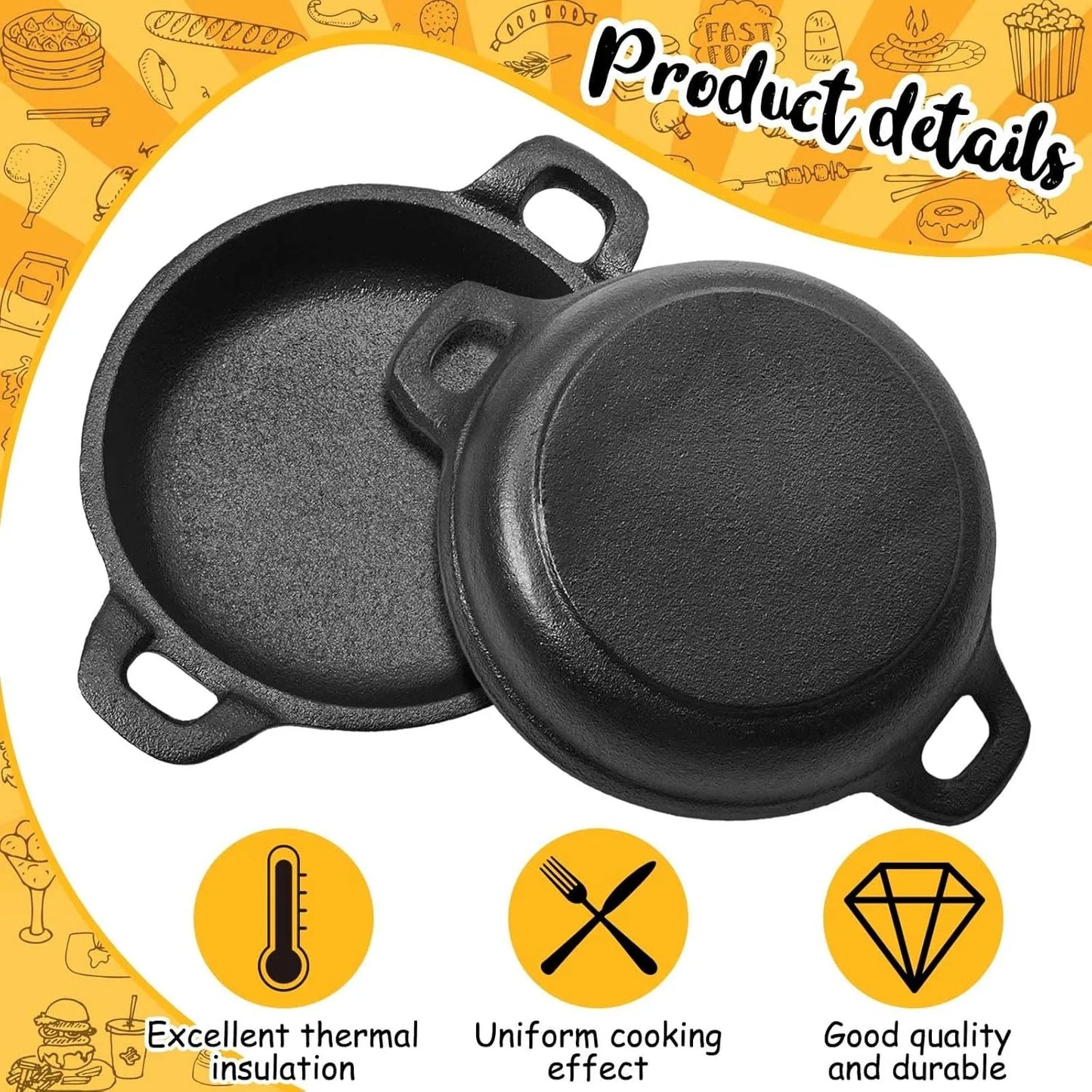 Mini Cast Iron Frying Pan Set – 2-Piece, 5" x 5" x 1.3", Black, Oven-Safe Skillets for Indoor/Outdoor Cooking, Kitchen & Picnic Use