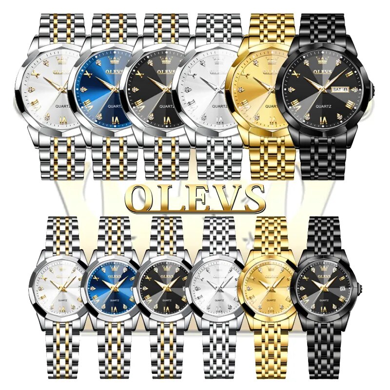 OLEVS Rhombus Mirror Couple Watches: Luxury Quartz, Waterproof, Luminous, Date & Week for Him and Her