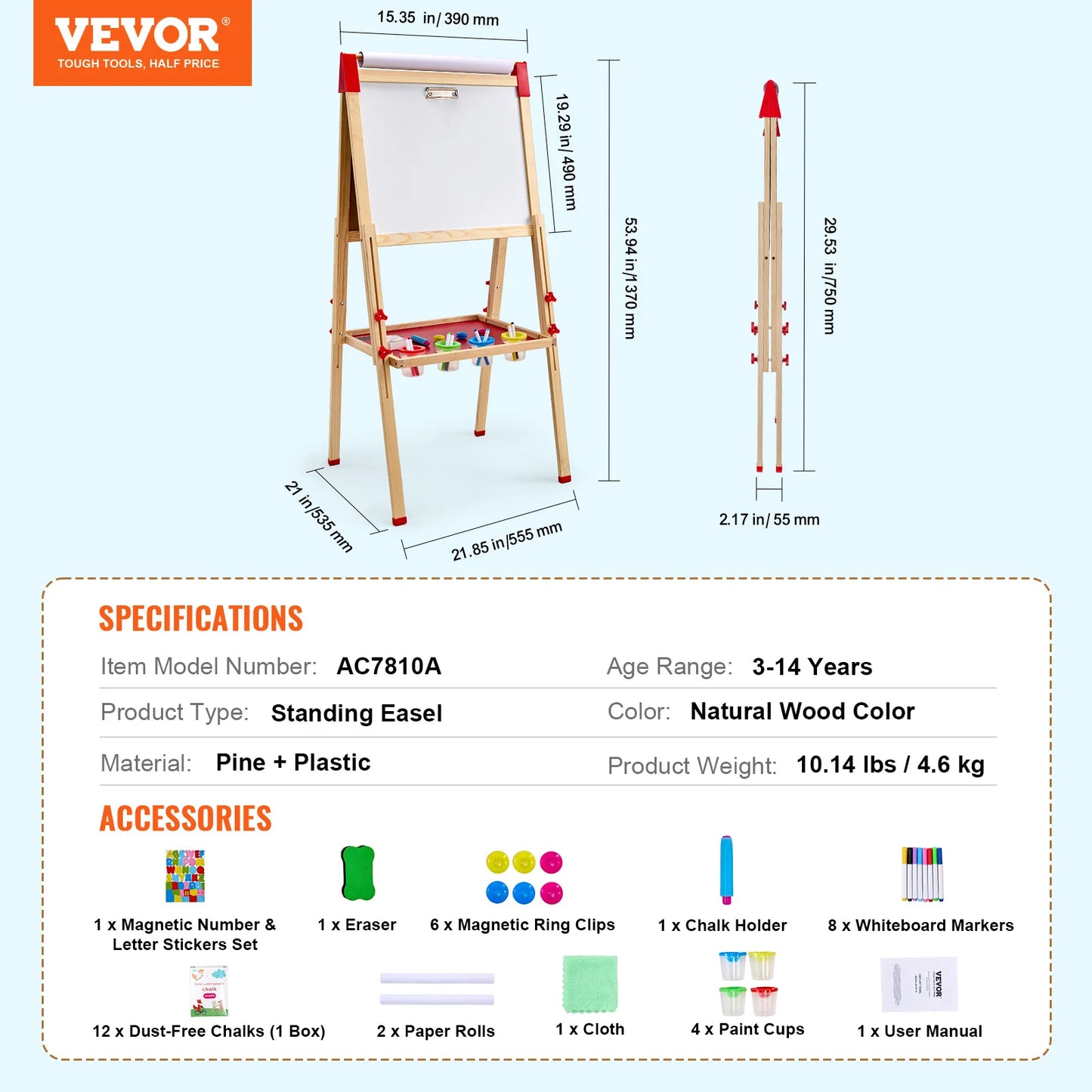 Double-Sided Kids' Art Easel – Wooden Magnetic Drawing Board with Whiteboard & Chalkboard, Creative Gift for Boys & Girls